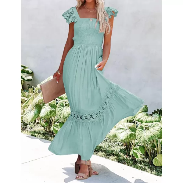 imageZESICA Womens 2024 Summer Lace Strap Sleeveless Square Neck Smocked High Waist Ruffle Hollow Out Flowy A Line Maxi DressLightgreen