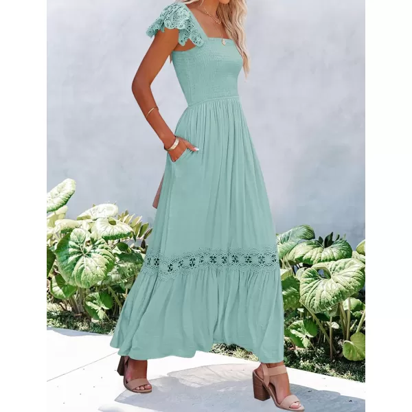 imageZESICA Womens 2024 Summer Lace Strap Sleeveless Square Neck Smocked High Waist Ruffle Hollow Out Flowy A Line Maxi DressLightgreen