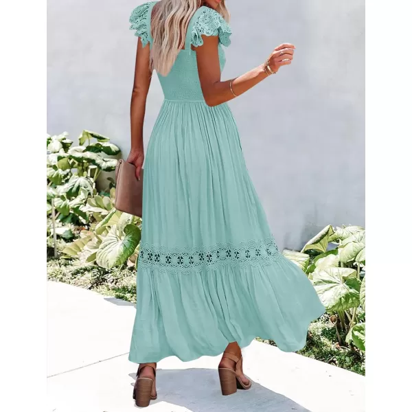 imageZESICA Womens 2024 Summer Lace Strap Sleeveless Square Neck Smocked High Waist Ruffle Hollow Out Flowy A Line Maxi DressLightgreen