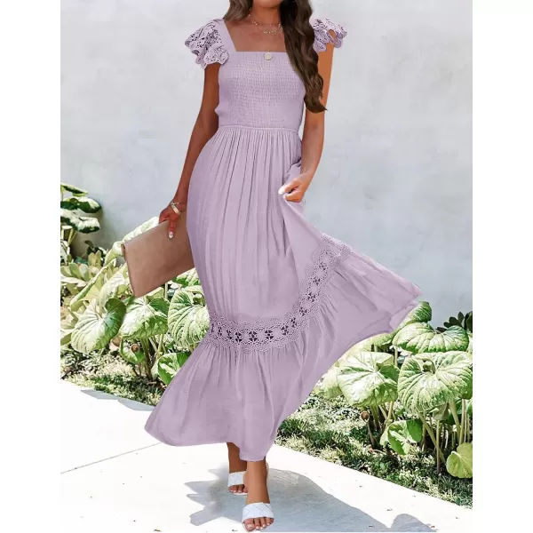 imageZESICA Womens 2024 Summer Lace Strap Sleeveless Square Neck Smocked High Waist Ruffle Hollow Out Flowy A Line Maxi DressLightpurple