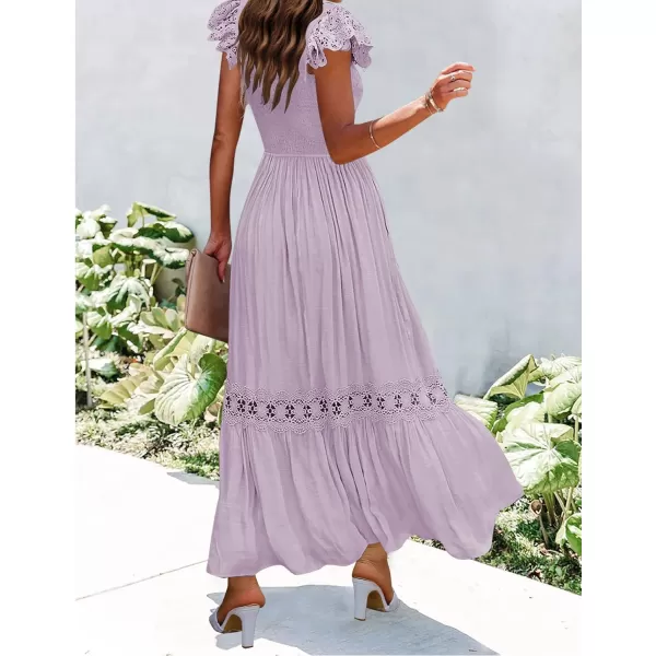 imageZESICA Womens 2024 Summer Lace Strap Sleeveless Square Neck Smocked High Waist Ruffle Hollow Out Flowy A Line Maxi DressLightpurple