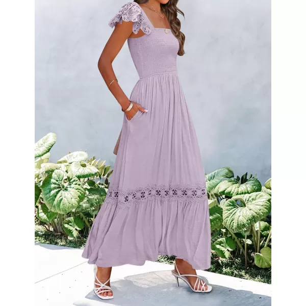 imageZESICA Womens 2024 Summer Lace Strap Sleeveless Square Neck Smocked High Waist Ruffle Hollow Out Flowy A Line Maxi DressLightpurple
