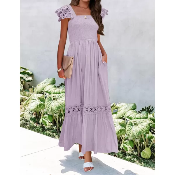 imageZESICA Womens 2024 Summer Lace Strap Sleeveless Square Neck Smocked High Waist Ruffle Hollow Out Flowy A Line Maxi DressLightpurple