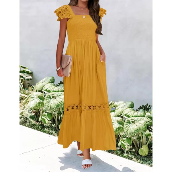 imageZESICA Womens 2024 Summer Lace Strap Sleeveless Square Neck Smocked High Waist Ruffle Hollow Out Flowy A Line Maxi DressMustard