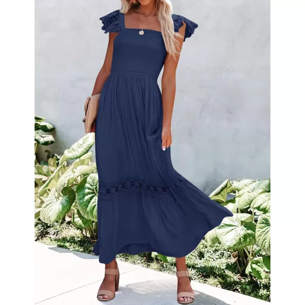 imageZESICA Womens 2024 Summer Lace Strap Sleeveless Square Neck Smocked High Waist Ruffle Hollow Out Flowy A Line Maxi DressNavy