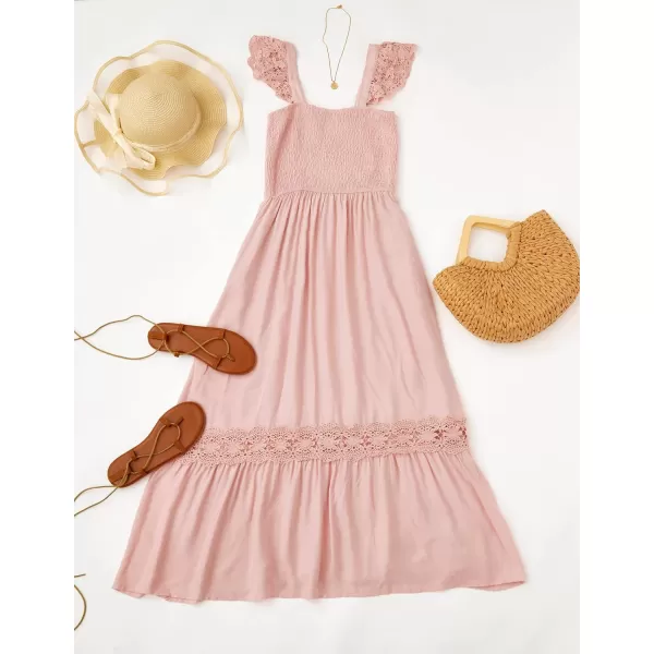 imageZESICA Womens 2024 Summer Lace Strap Sleeveless Square Neck Smocked High Waist Ruffle Hollow Out Flowy A Line Maxi DressPink