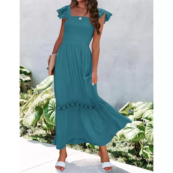 imageZESICA Womens 2024 Summer Lace Strap Sleeveless Square Neck Smocked High Waist Ruffle Hollow Out Flowy A Line Maxi DressTeal