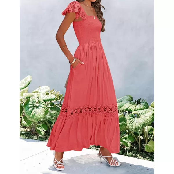 imageZESICA Womens 2024 Summer Lace Strap Sleeveless Square Neck Smocked High Waist Ruffle Hollow Out Flowy A Line Maxi DressWatermelon