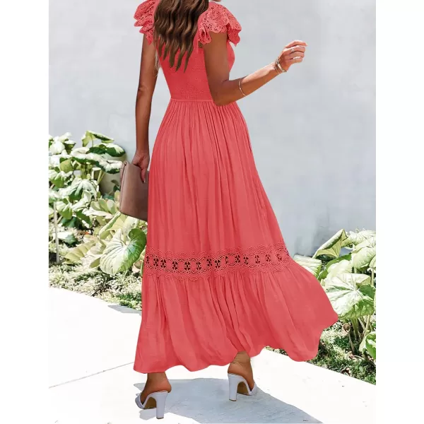 imageZESICA Womens 2024 Summer Lace Strap Sleeveless Square Neck Smocked High Waist Ruffle Hollow Out Flowy A Line Maxi DressWatermelon