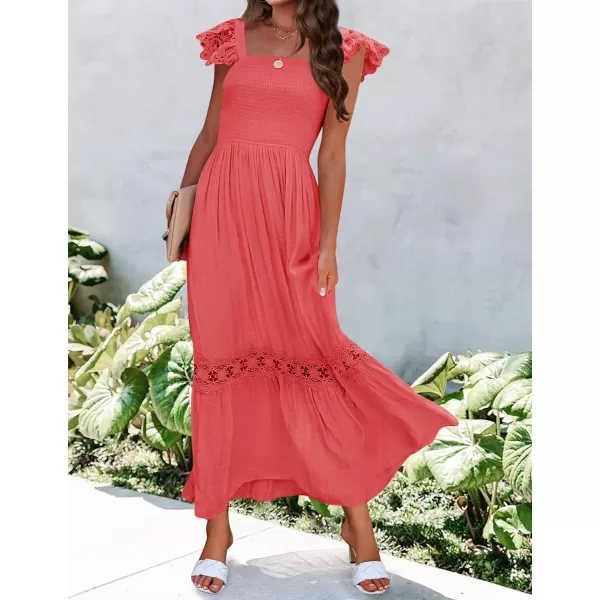 imageZESICA Womens 2024 Summer Lace Strap Sleeveless Square Neck Smocked High Waist Ruffle Hollow Out Flowy A Line Maxi DressWatermelon