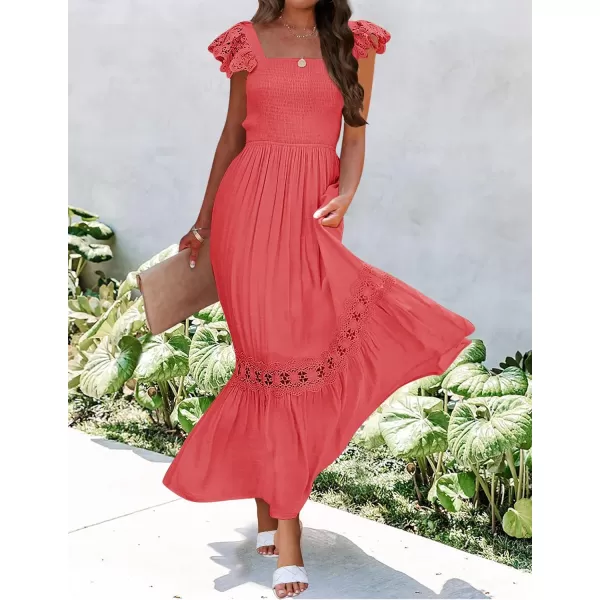 imageZESICA Womens 2024 Summer Lace Strap Sleeveless Square Neck Smocked High Waist Ruffle Hollow Out Flowy A Line Maxi DressWatermelon