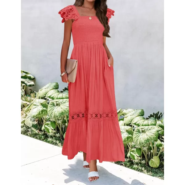 imageZESICA Womens 2024 Summer Lace Strap Sleeveless Square Neck Smocked High Waist Ruffle Hollow Out Flowy A Line Maxi DressWatermelon