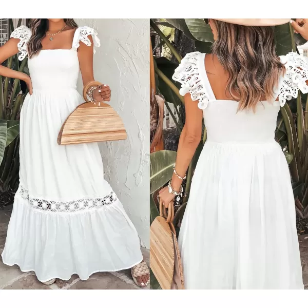 imageZESICA Womens 2024 Summer Lace Strap Sleeveless Square Neck Smocked High Waist Ruffle Hollow Out Flowy A Line Maxi DressWhite