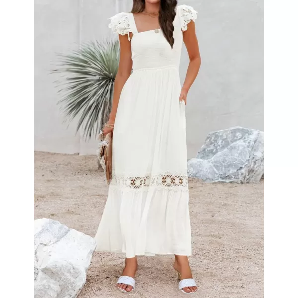 imageZESICA Womens 2024 Summer Lace Strap Sleeveless Square Neck Smocked High Waist Ruffle Hollow Out Flowy A Line Maxi DressWhite