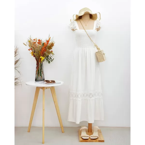 imageZESICA Womens 2024 Summer Lace Strap Sleeveless Square Neck Smocked High Waist Ruffle Hollow Out Flowy A Line Maxi DressWhite