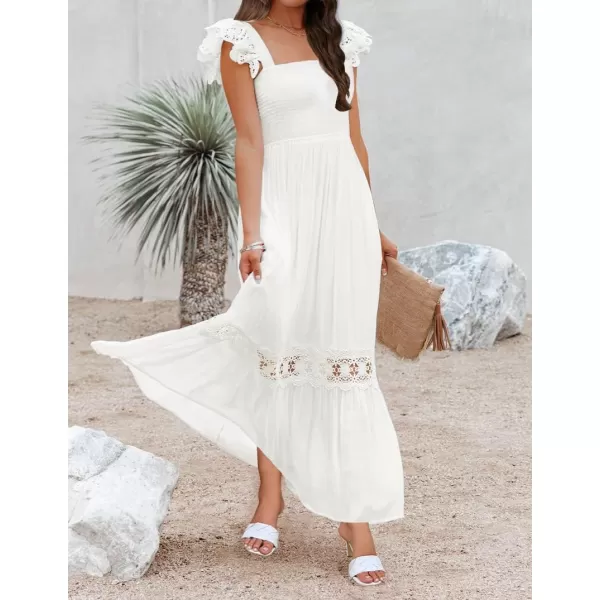 imageZESICA Womens 2024 Summer Lace Strap Sleeveless Square Neck Smocked High Waist Ruffle Hollow Out Flowy A Line Maxi DressWhite