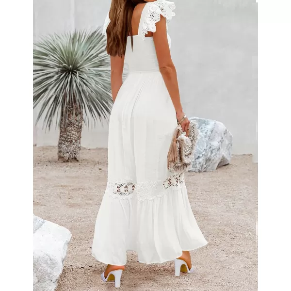 imageZESICA Womens 2024 Summer Lace Strap Sleeveless Square Neck Smocked High Waist Ruffle Hollow Out Flowy A Line Maxi DressWhite