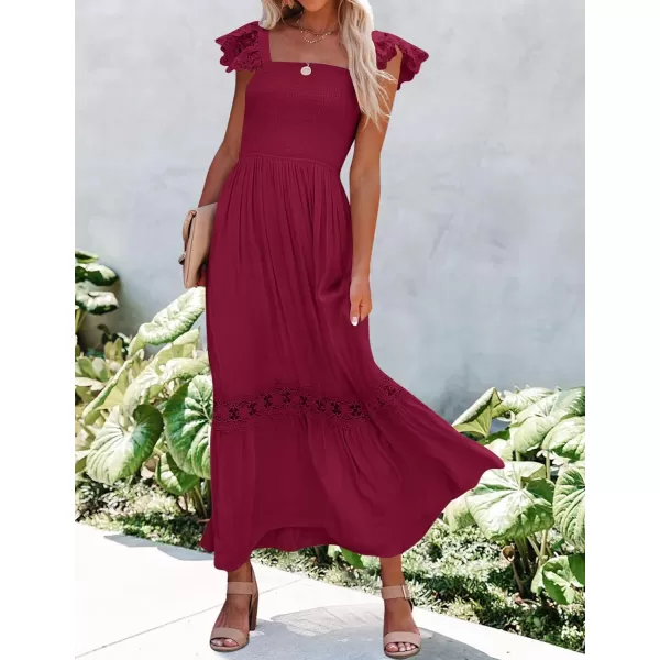imageZESICA Womens 2024 Summer Lace Strap Sleeveless Square Neck Smocked High Waist Ruffle Hollow Out Flowy A Line Maxi DressWine