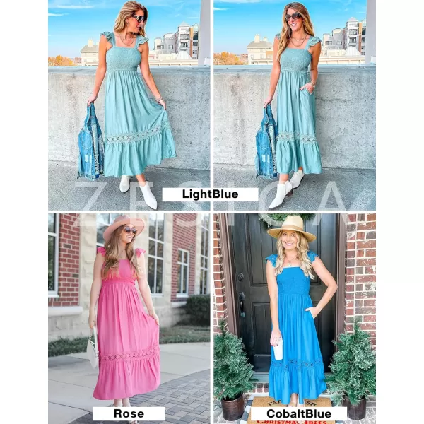 imageZESICA Womens 2024 Summer Lace Strap Sleeveless Square Neck Smocked High Waist Ruffle Hollow Out Flowy A Line Maxi DressWine