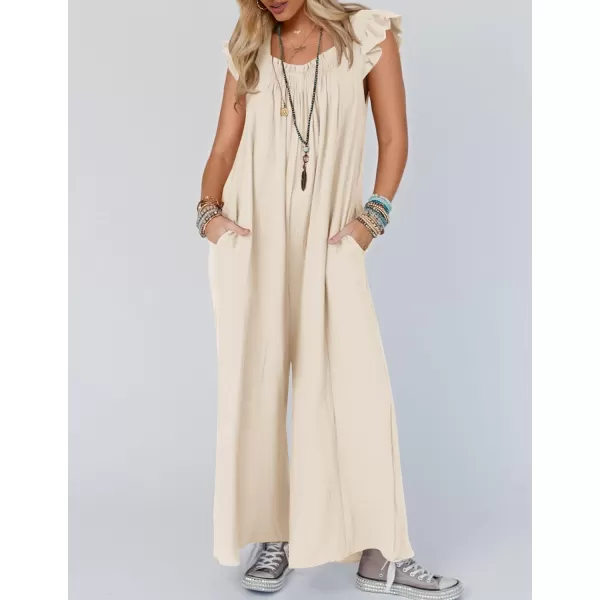 imageZESICA Womens 2024 Summer Loose Jumpsuit Casual V Neck Flutter Short Sleeve Oversized Wide Leg Pant Long Overalls RomperApricot