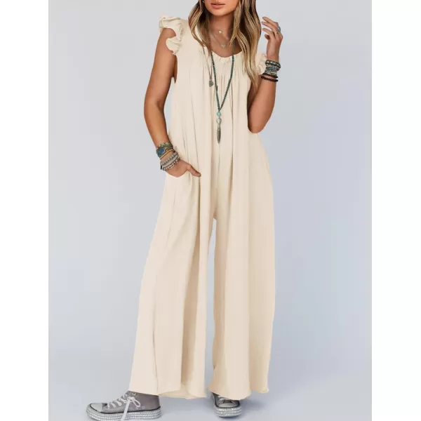 imageZESICA Womens 2024 Summer Loose Jumpsuit Casual V Neck Flutter Short Sleeve Oversized Wide Leg Pant Long Overalls RomperApricot