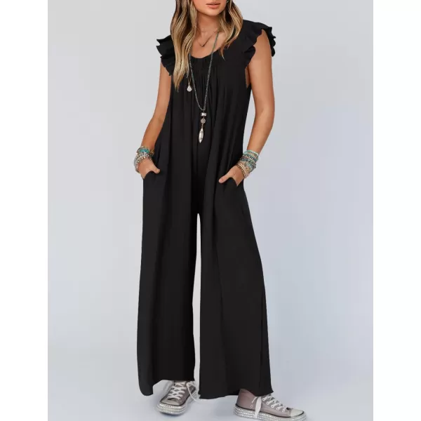 imageZESICA Womens 2024 Summer Loose Jumpsuit Casual V Neck Flutter Short Sleeve Oversized Wide Leg Pant Long Overalls RomperBlack