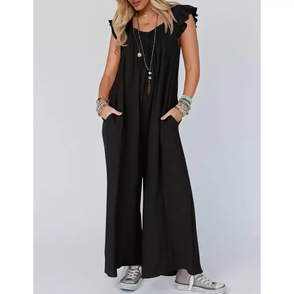 imageZESICA Womens 2024 Summer Loose Jumpsuit Casual V Neck Flutter Short Sleeve Oversized Wide Leg Pant Long Overalls RomperBlack