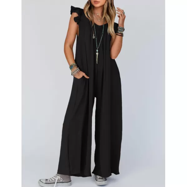 imageZESICA Womens 2024 Summer Loose Jumpsuit Casual V Neck Flutter Short Sleeve Oversized Wide Leg Pant Long Overalls RomperBlack