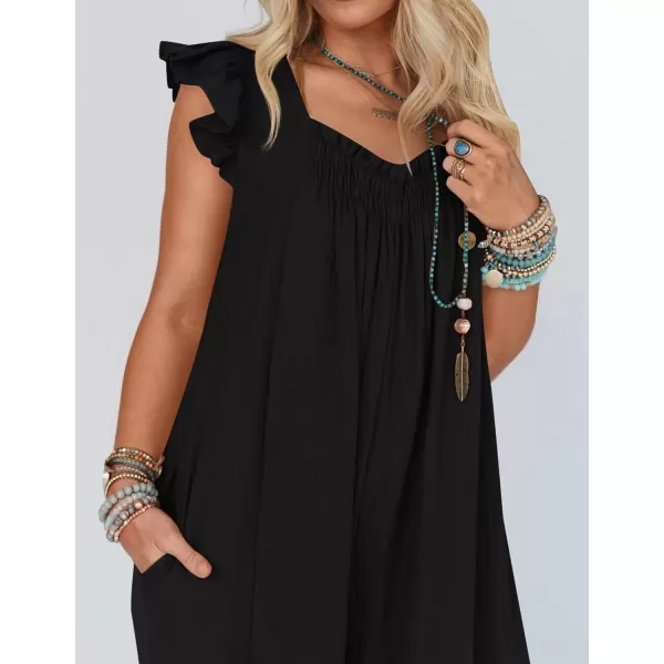 imageZESICA Womens 2024 Summer Loose Jumpsuit Casual V Neck Flutter Short Sleeve Oversized Wide Leg Pant Long Overalls RomperBlack