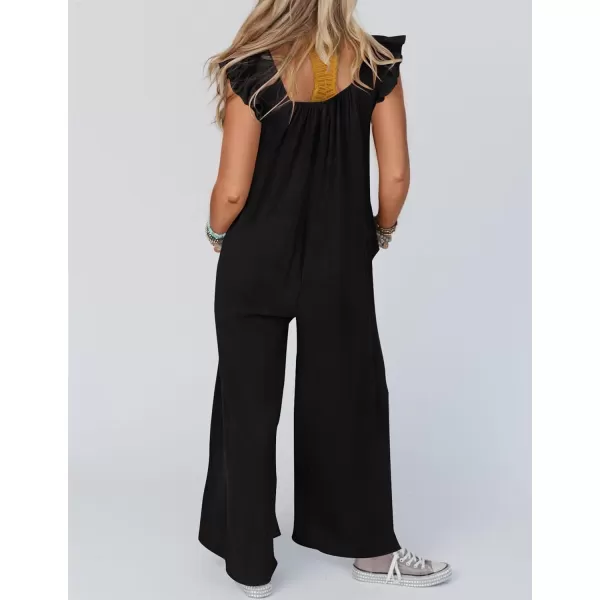 imageZESICA Womens 2024 Summer Loose Jumpsuit Casual V Neck Flutter Short Sleeve Oversized Wide Leg Pant Long Overalls RomperBlack
