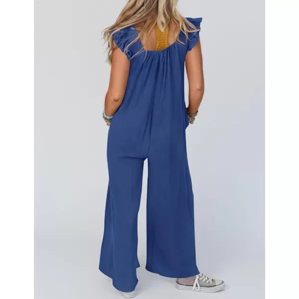 imageZESICA Womens 2024 Summer Loose Jumpsuit Casual V Neck Flutter Short Sleeve Oversized Wide Leg Pant Long Overalls RomperBlue