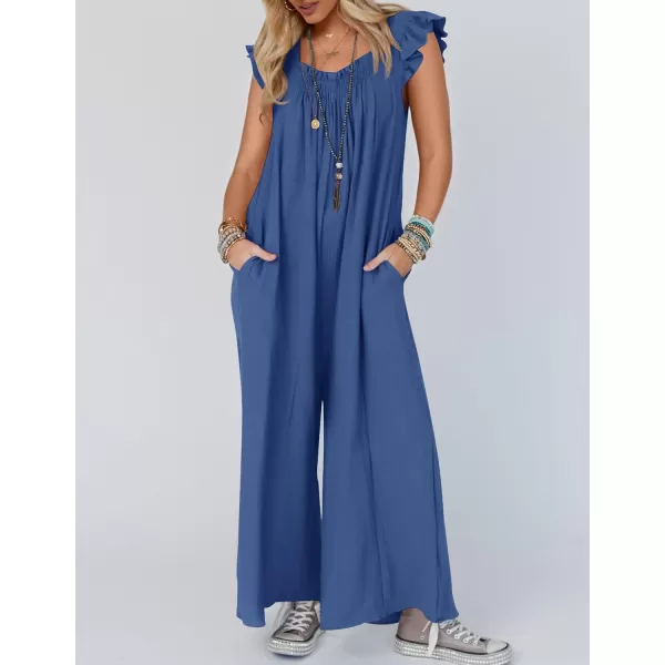 imageZESICA Womens 2024 Summer Loose Jumpsuit Casual V Neck Flutter Short Sleeve Oversized Wide Leg Pant Long Overalls RomperBlue