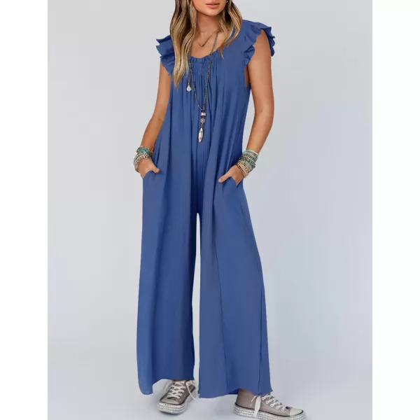 imageZESICA Womens 2024 Summer Loose Jumpsuit Casual V Neck Flutter Short Sleeve Oversized Wide Leg Pant Long Overalls RomperBlue