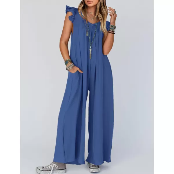 imageZESICA Womens 2024 Summer Loose Jumpsuit Casual V Neck Flutter Short Sleeve Oversized Wide Leg Pant Long Overalls RomperBlue