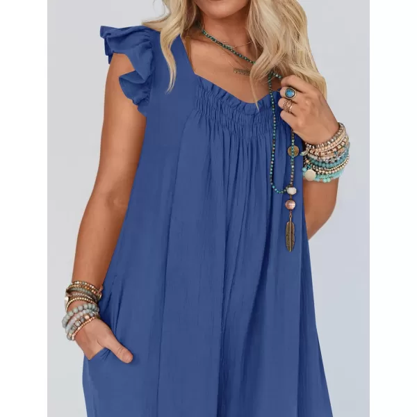 imageZESICA Womens 2024 Summer Loose Jumpsuit Casual V Neck Flutter Short Sleeve Oversized Wide Leg Pant Long Overalls RomperBlue