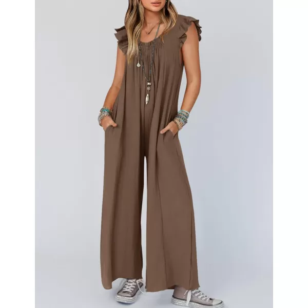 imageZESICA Womens 2024 Summer Loose Jumpsuit Casual V Neck Flutter Short Sleeve Oversized Wide Leg Pant Long Overalls RomperCoffee