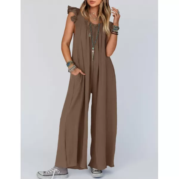imageZESICA Womens 2024 Summer Loose Jumpsuit Casual V Neck Flutter Short Sleeve Oversized Wide Leg Pant Long Overalls RomperCoffee