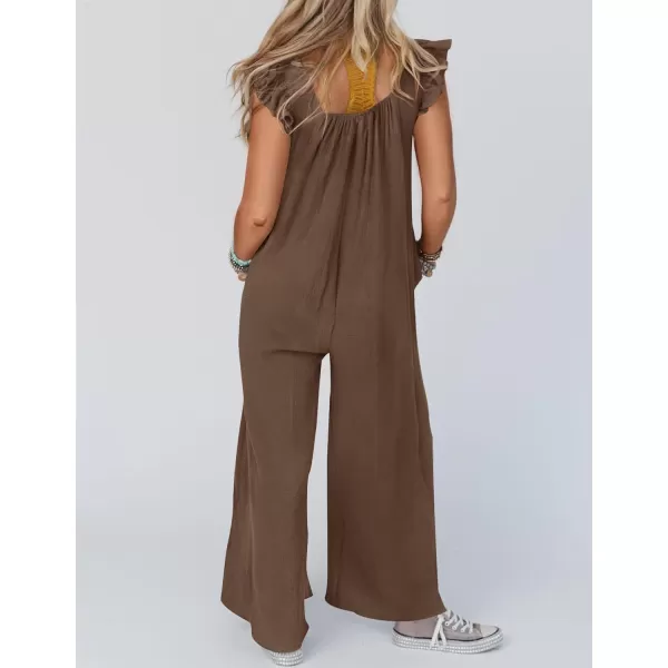 imageZESICA Womens 2024 Summer Loose Jumpsuit Casual V Neck Flutter Short Sleeve Oversized Wide Leg Pant Long Overalls RomperCoffee