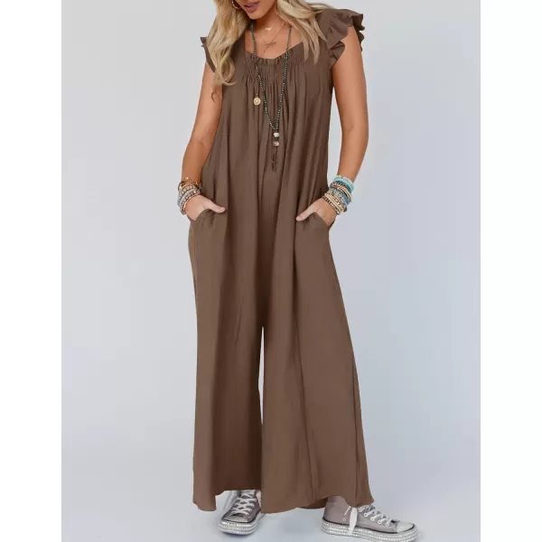 imageZESICA Womens 2024 Summer Loose Jumpsuit Casual V Neck Flutter Short Sleeve Oversized Wide Leg Pant Long Overalls RomperCoffee