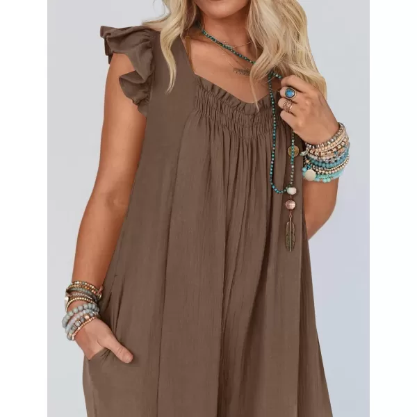 imageZESICA Womens 2024 Summer Loose Jumpsuit Casual V Neck Flutter Short Sleeve Oversized Wide Leg Pant Long Overalls RomperCoffee