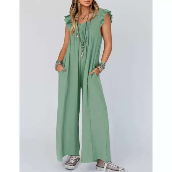imageZESICA Womens 2024 Summer Loose Jumpsuit Casual V Neck Flutter Short Sleeve Oversized Wide Leg Pant Long Overalls RomperGreen