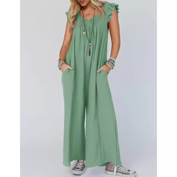 imageZESICA Womens 2024 Summer Loose Jumpsuit Casual V Neck Flutter Short Sleeve Oversized Wide Leg Pant Long Overalls RomperGreen