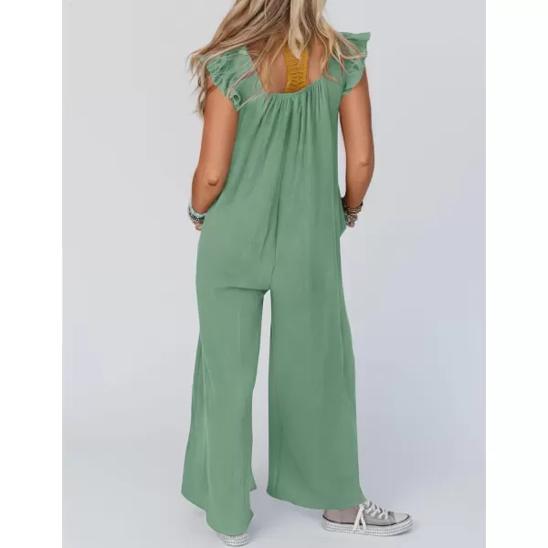 imageZESICA Womens 2024 Summer Loose Jumpsuit Casual V Neck Flutter Short Sleeve Oversized Wide Leg Pant Long Overalls RomperGreen