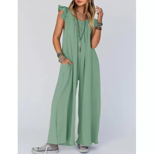 imageZESICA Womens 2024 Summer Loose Jumpsuit Casual V Neck Flutter Short Sleeve Oversized Wide Leg Pant Long Overalls RomperGreen