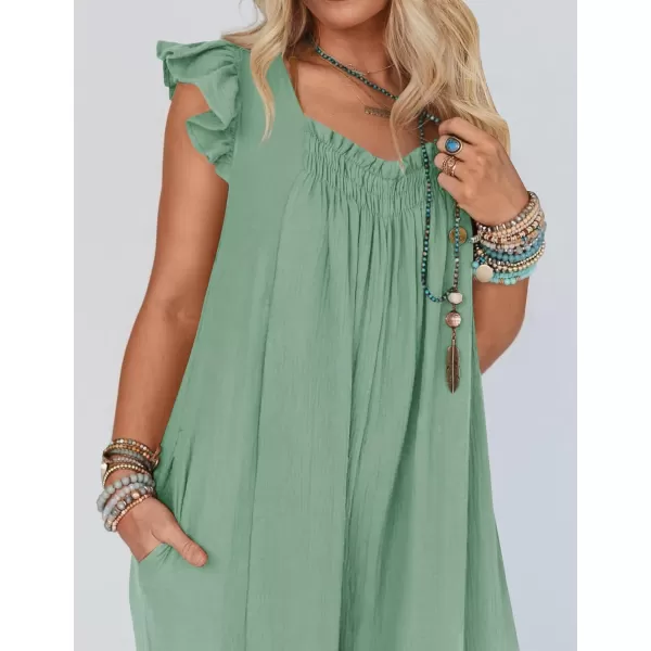 imageZESICA Womens 2024 Summer Loose Jumpsuit Casual V Neck Flutter Short Sleeve Oversized Wide Leg Pant Long Overalls RomperGreen