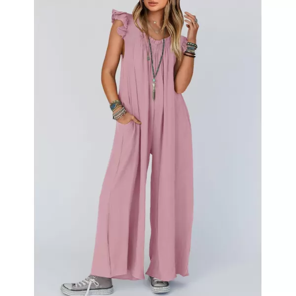imageZESICA Womens 2024 Summer Loose Jumpsuit Casual V Neck Flutter Short Sleeve Oversized Wide Leg Pant Long Overalls RomperPink