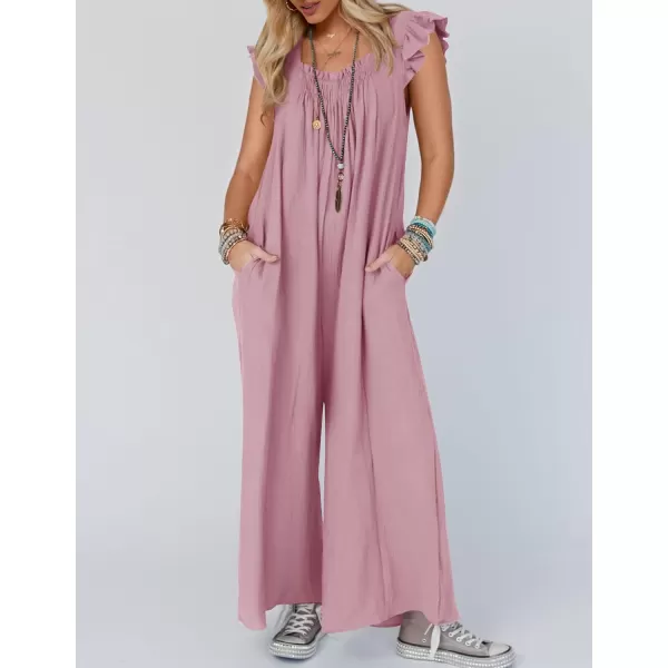 imageZESICA Womens 2024 Summer Loose Jumpsuit Casual V Neck Flutter Short Sleeve Oversized Wide Leg Pant Long Overalls RomperPink