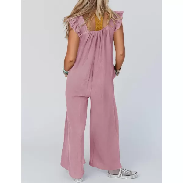 imageZESICA Womens 2024 Summer Loose Jumpsuit Casual V Neck Flutter Short Sleeve Oversized Wide Leg Pant Long Overalls RomperPink