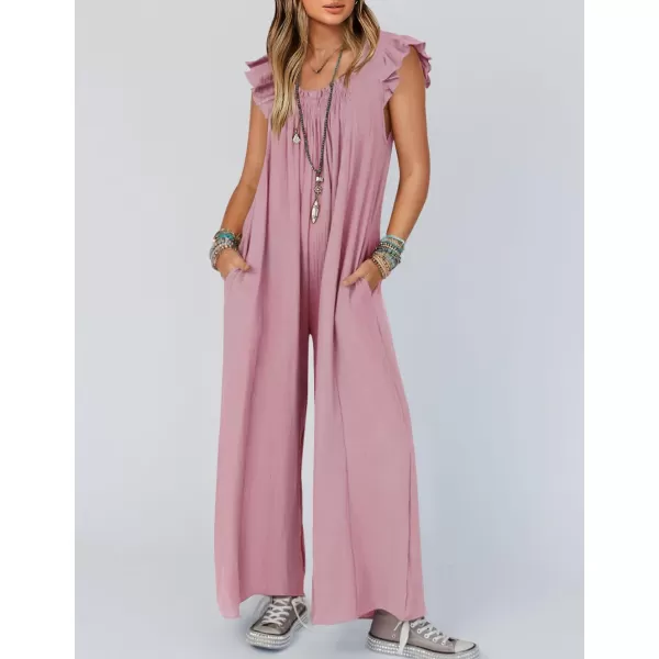 imageZESICA Womens 2024 Summer Loose Jumpsuit Casual V Neck Flutter Short Sleeve Oversized Wide Leg Pant Long Overalls RomperPink
