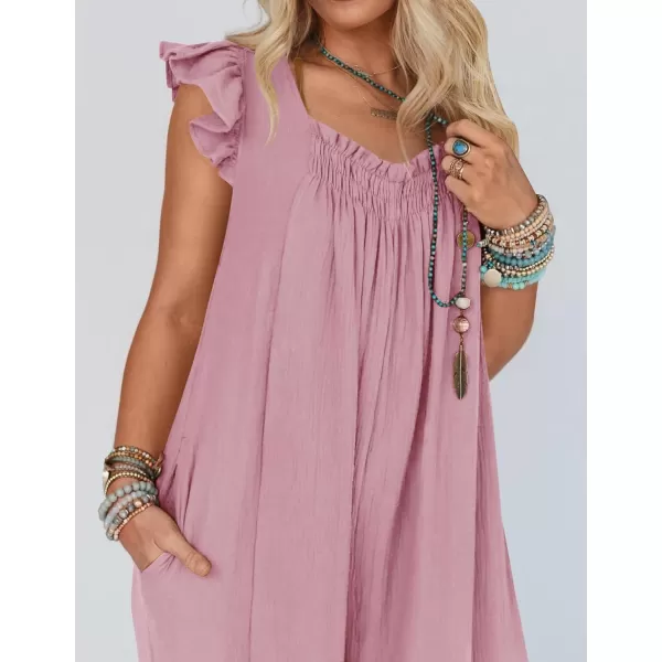 imageZESICA Womens 2024 Summer Loose Jumpsuit Casual V Neck Flutter Short Sleeve Oversized Wide Leg Pant Long Overalls RomperPink